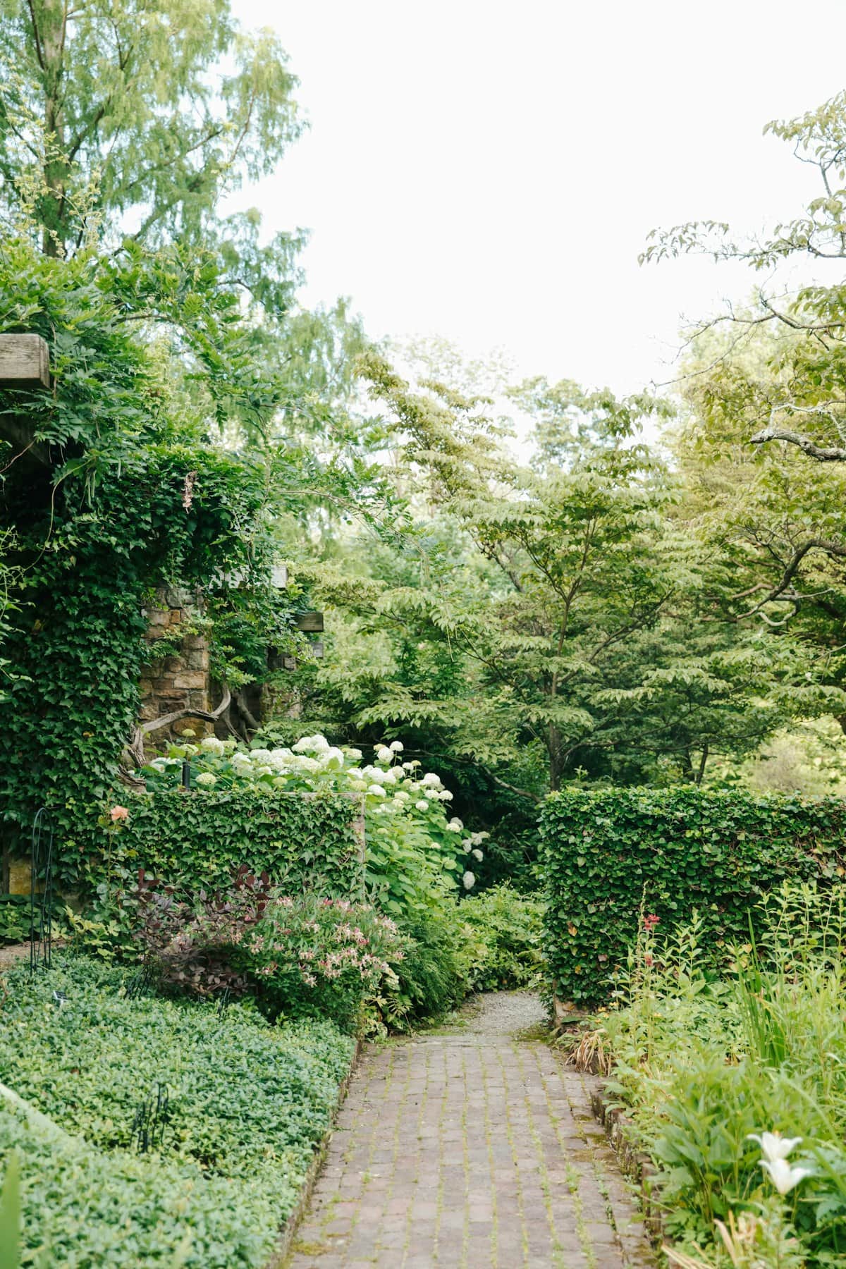 Brick path winding through layered green garden beds beside a stone wall
